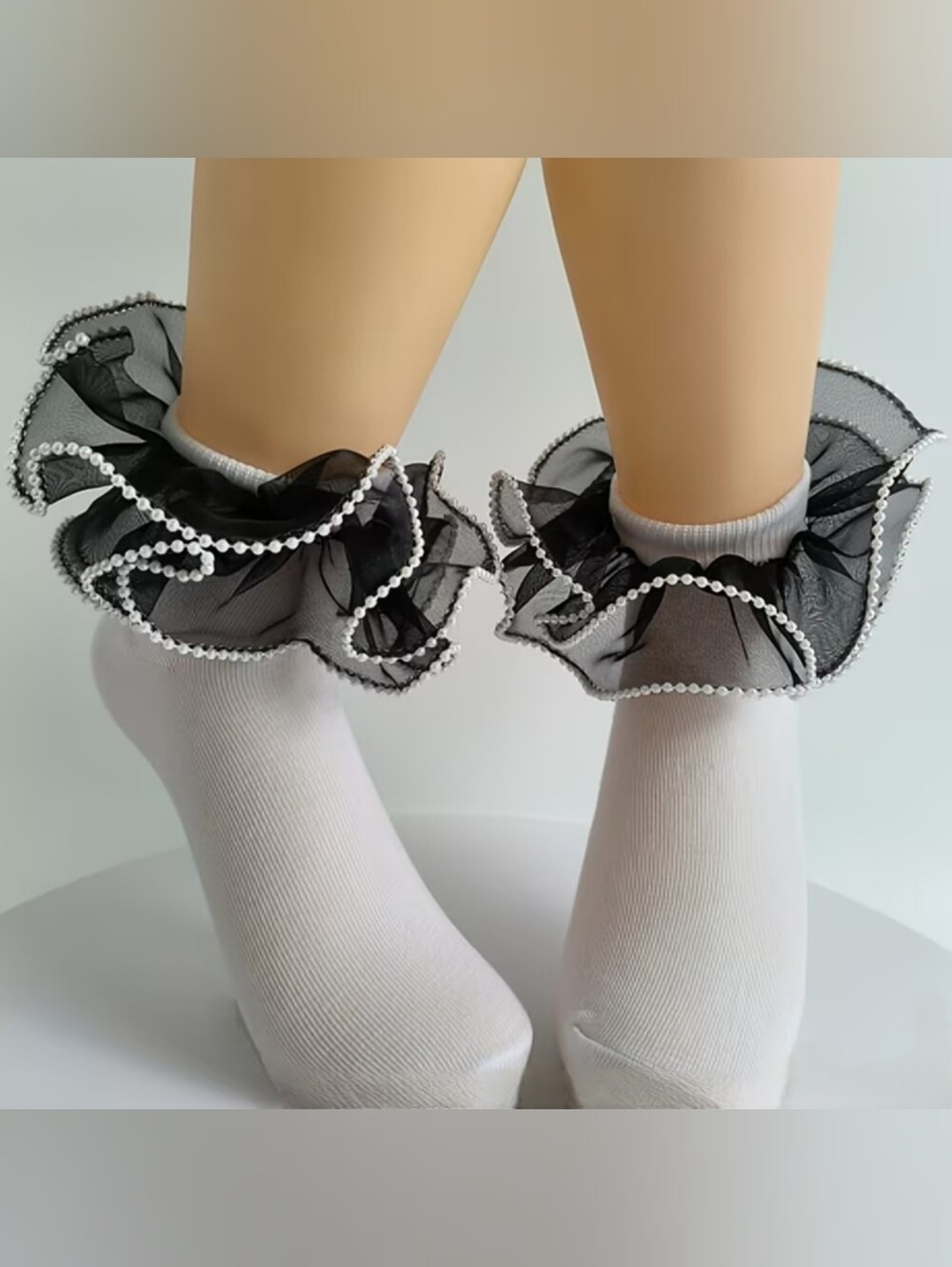 Sexy Lolita Style White Ankle High Socks White & Black Lace W/ Pearl Trim Kawaii
